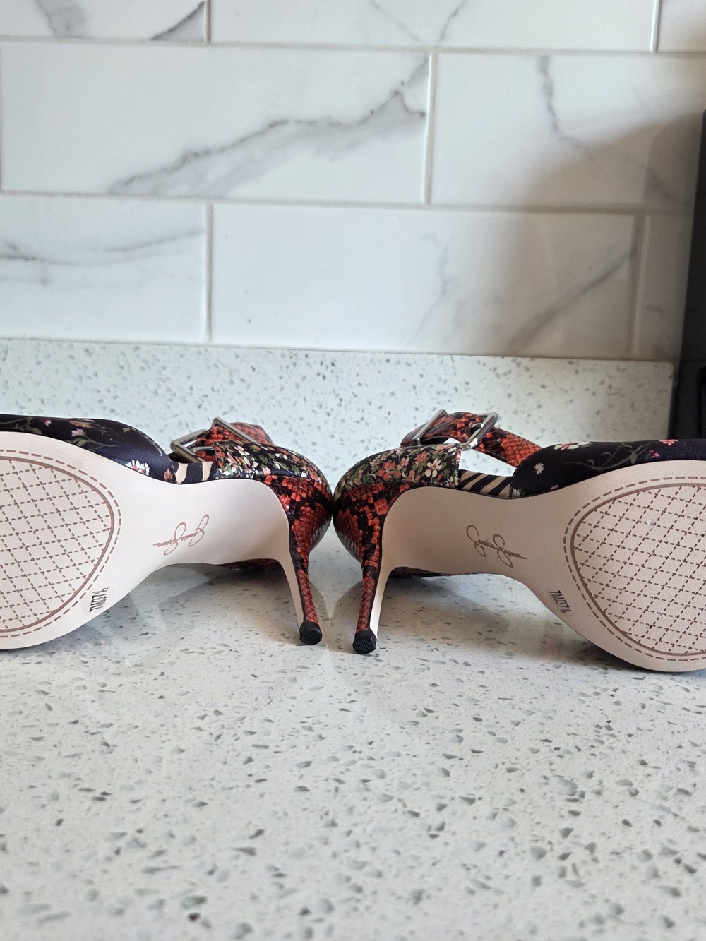 Floral Patchwork Pointed-Toe Ankle Strap Pumps in Black - Picture 6 of 7